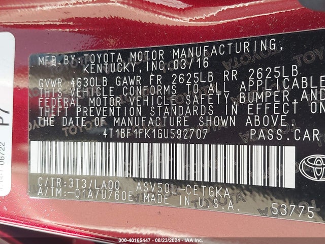 Toyota CAMRY XLE 2016 4T1BF1FK1GU592707 Image 9