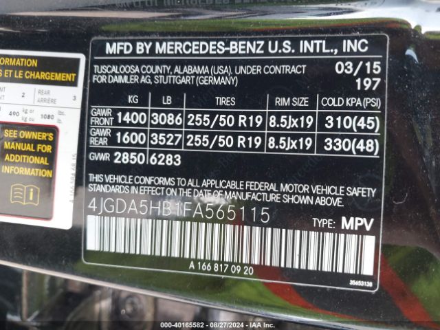 4JGDA5HB1FA565115 Mercedes-Benz Ml 350 4matic