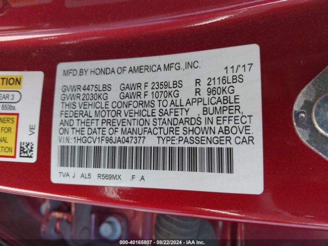 1HGCV1F96JA047377 Honda Accord Touring