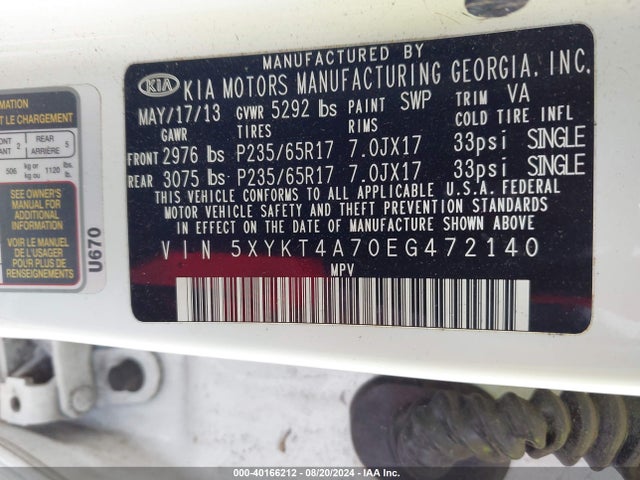 KIA Sorento Lx V6 2014 5XYKT4A70EG472140 Image 9