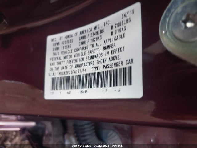 Honda ACCORD LX 2015 1HGCR2F38FA161054 Image 9
