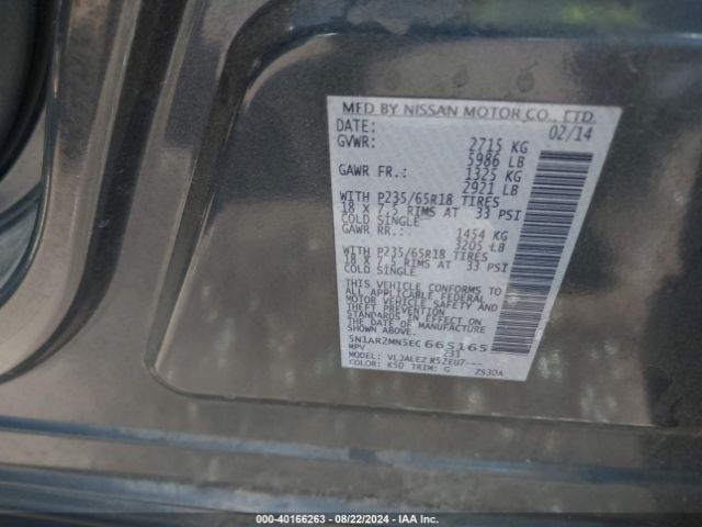 5N1AR2MN5EC665165 Nissan Pathfinder Platinum/s/sl/sv