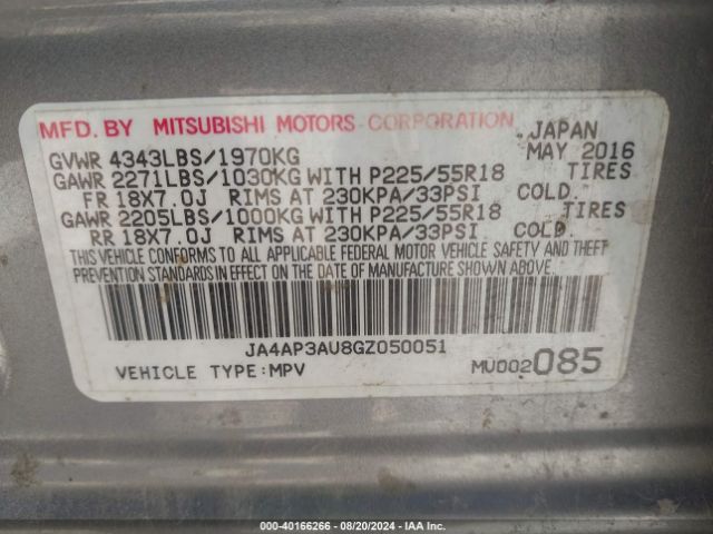 JA4AP3AU8GZ050051 Mitsubishi Outlander Sport 2.0 Es