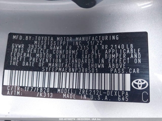 Toyota COROLLA LE 2022 5YFEPMAE8NP388501 Image 9