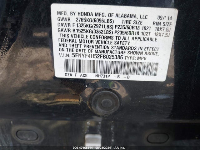 Honda Pilot Ex-l 2015 5FNYF4H52FB025386 Image 9