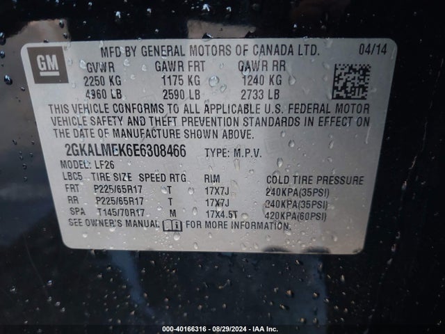 GMC Terrain Sle-1 2014 2GKALMEK6E6308466 Image 9