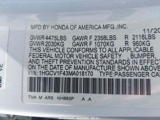 1HGCV1F43MA018170 Honda Accord Sport Special Edition