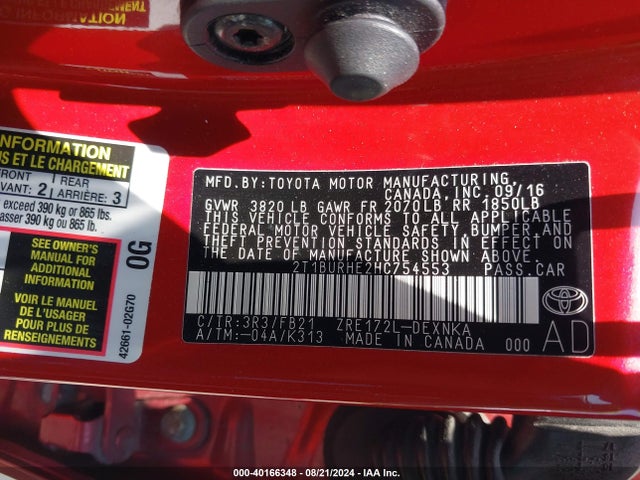 Toyota COROLLA LE 2017 2T1BURHE2HC754553 Image 9