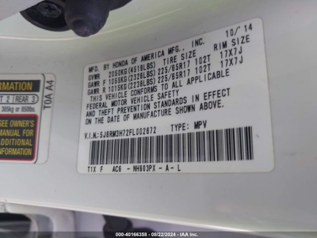5J6RM3H72FL002672 Honda Cr-v Ex-l