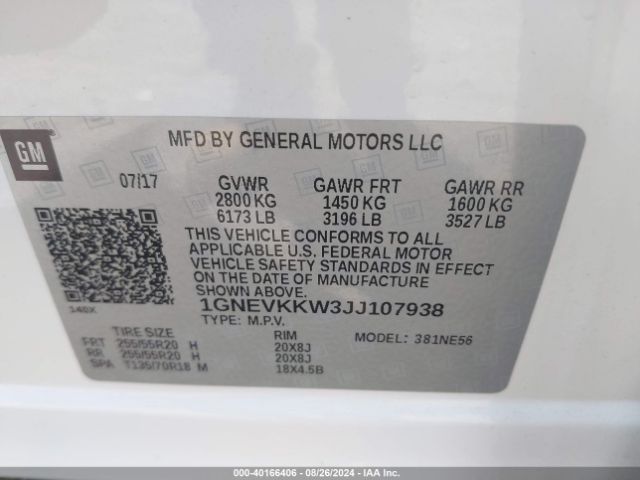 1GNEVKKW3JJ107938 Chevrolet Traverse High Country