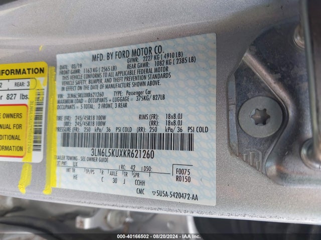3LN6L5KUXKR621260 Lincoln Mkz Hybrid Standard