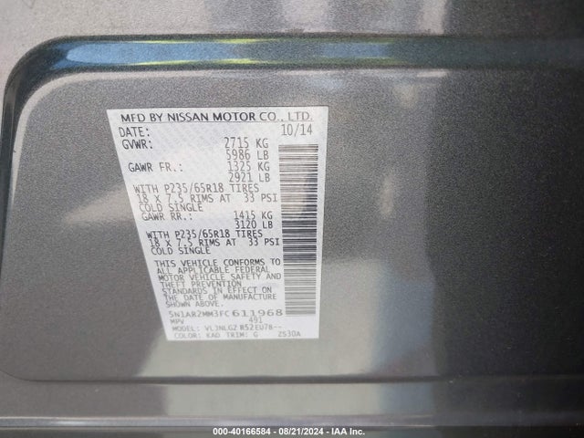 Nissan Pathfinder Sl 2015 5N1AR2MM3FC611968 Image 9
