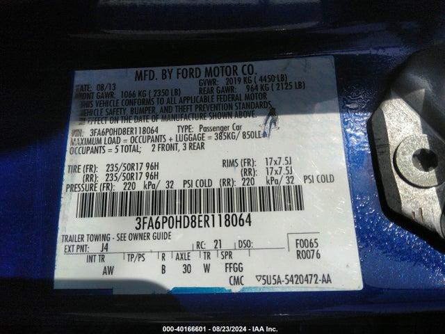 Ford FUSION SE 2014 3FA6P0HD8ER118064 Image 9