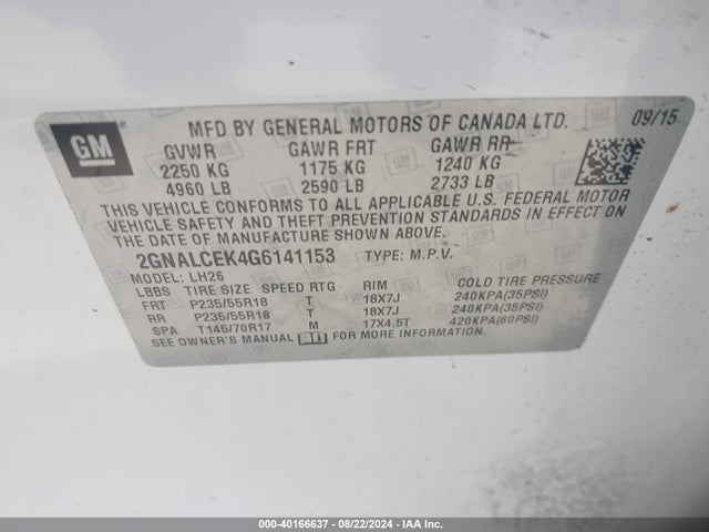 Chevrolet EQUINOX LT 2016 2GNALCEK4G6141153 Image 9