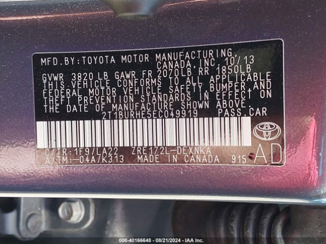 2T1BURHE5EC049919 Toyota Corolla Le Premium