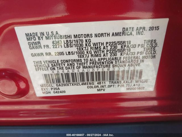 4A4AR4AU8FE033383 Mitsubishi Outlander Sport Se