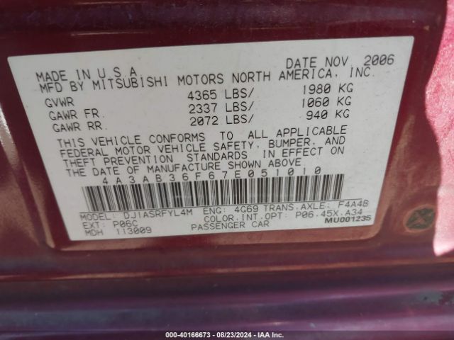 2007 MITSUBISHI GALANT 4A3AB36F67E051010 Photo 8