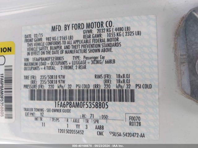 1FA6P8AM0F5358805 Ford Mustang V6