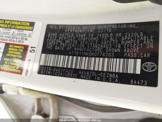 Toyota CAMRY LE 2019 4T1B11HK0KU776203 Image 9