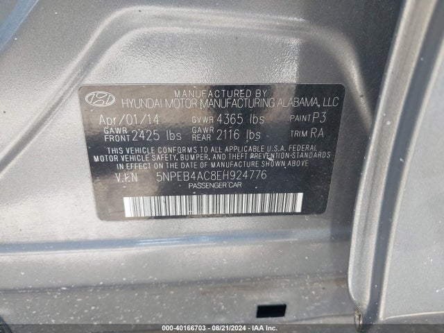 Hyundai SONATA GLS 2014 5NPEB4AC8EH924776 Image 9
