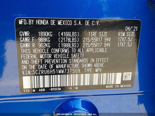 Honda Hr-v Awd Ex 2021 3CZRU6H51MM737509 Image 9