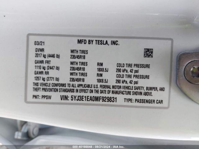 5YJ3E1EA0MF929831 Tesla Model 3 Standard Range Plus Rear-wheel Drive