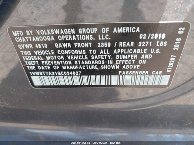 1VWBT7A31GC034827 Volkswagen Passat 1.8t Se