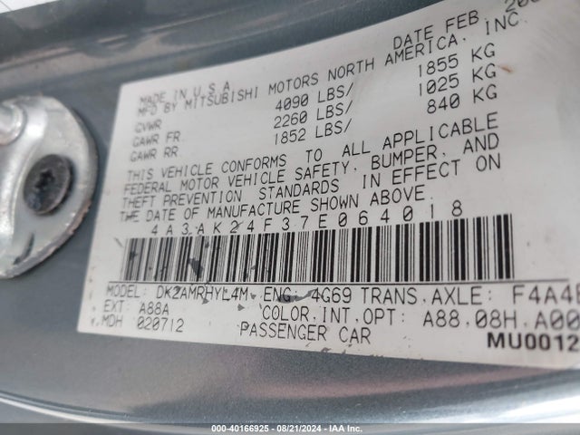 2007 MITSUBISHI ECLIPSE 4A3AK24F37E064018 Photo 8