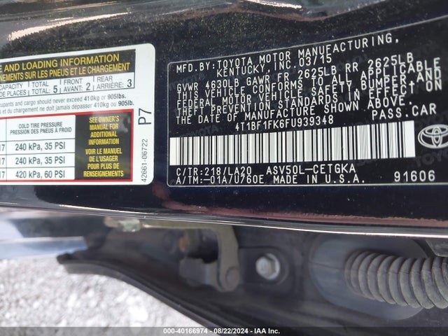 Toyota CAMRY XLE 2015 4T1BF1FK6FU939348 Image 9