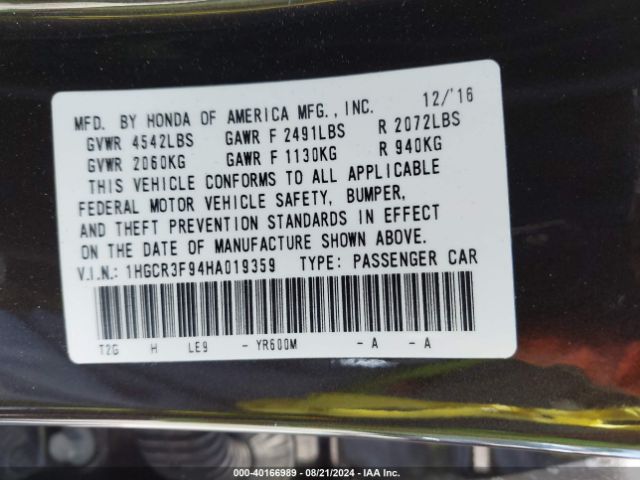 1HGCR3F94HA019359 Honda Accord Touring V6