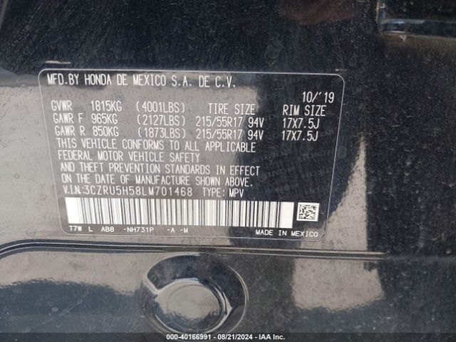 3CZRU5H58LM701468 Honda Hr-v 2wd Ex