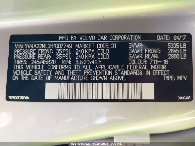 YV4A22NL3H1007749 Volvo V90 Cross Country T6