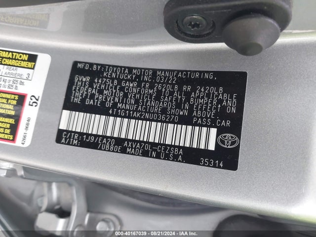 Toyota CAMRY SE 2022 4T1G11AK2NU036270 Image 9