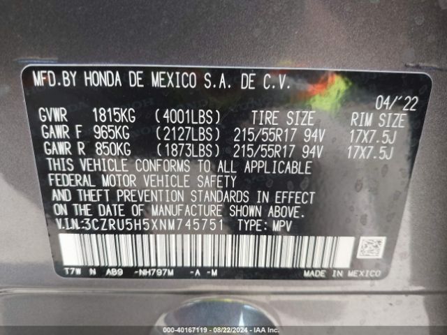 3CZRU5H5XNM745751 Honda Hr-v 2wd Ex
