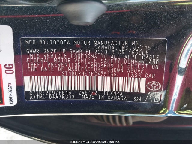 Toyota COROLLA LE 2015 2T1BURHE1FC475169 Image 9