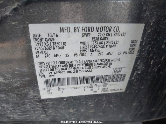 Ford EDGE SEL 2016 2FMPK3J80GBC63222 Image 9