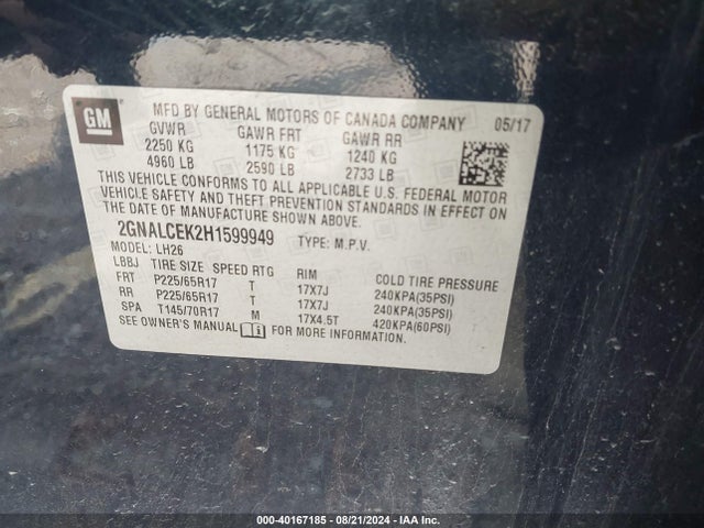 Chevrolet EQUINOX LT 2017 2GNALCEK2H1599949 Image 9