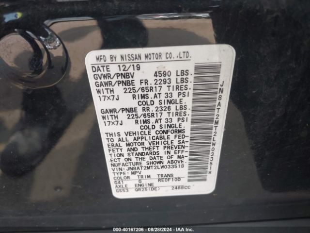 JN8AT2MT2LW033518 Nissan Rogue S Fwd
