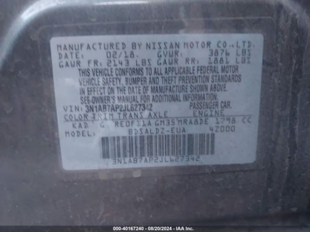 3N1AB7AP2JL627342 Nissan SENTRA SV