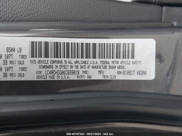 1C4RDHDG0KC659019 Dodge Durango Gt Plus Rwd