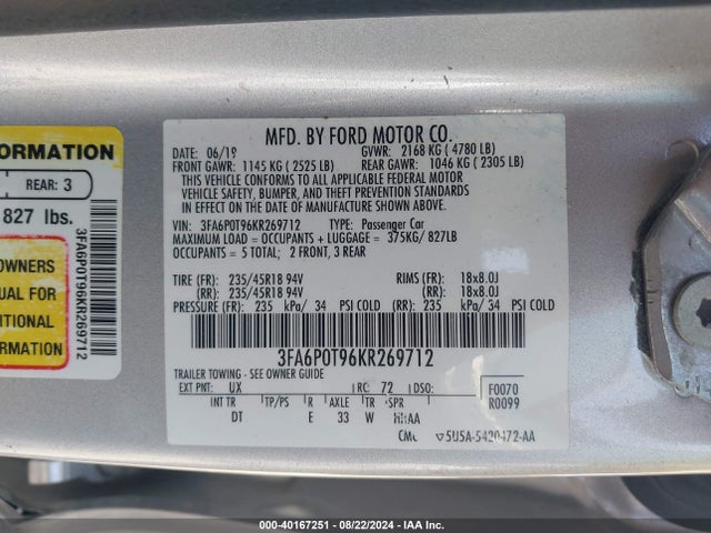 Ford FUSION SE 2019 3FA6P0T96KR269712 Image 9