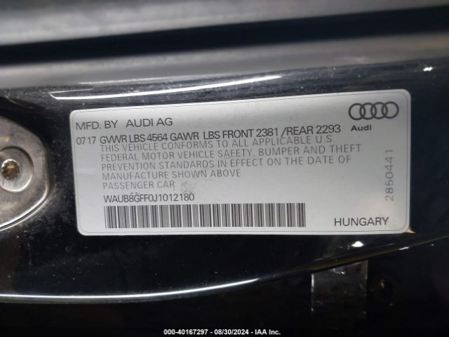 WAUB8GFF0J1012180 Audi A3 2.0t Premium/2.0t Tech Premium