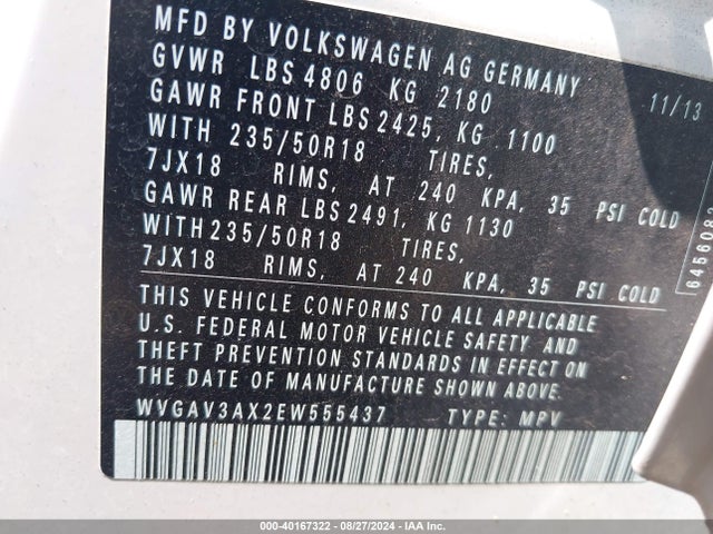 WVGAV3AX2EW555437 Volkswagen TIGUAN SE
