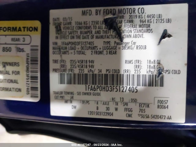 Ford FUSION SE 2015 1FA6P0HD3F5127405 Image 9