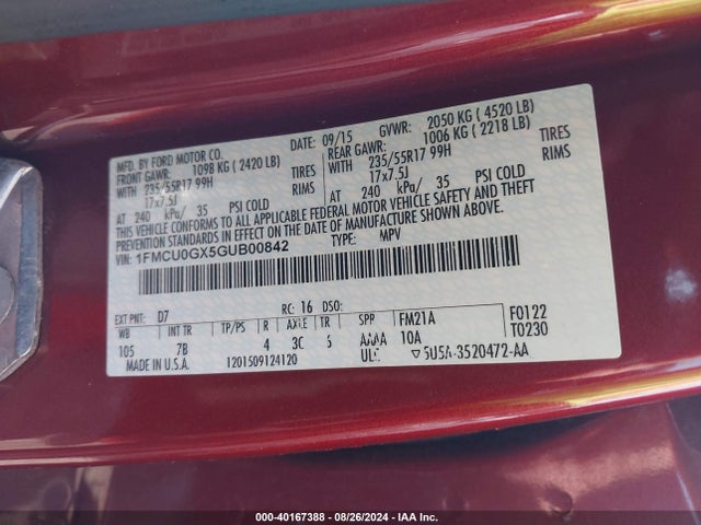1FMCU0GX5GUB00842 Ford ESCAPE SE