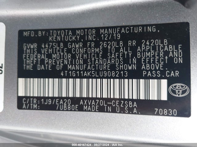 Toyota CAMRY SE 2020 4T1G11AK5LU908213 Image 9