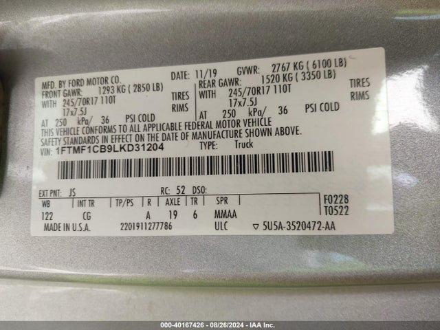 Ford F-150 Xl 2020 1FTMF1CB9LKD31204 Image 9