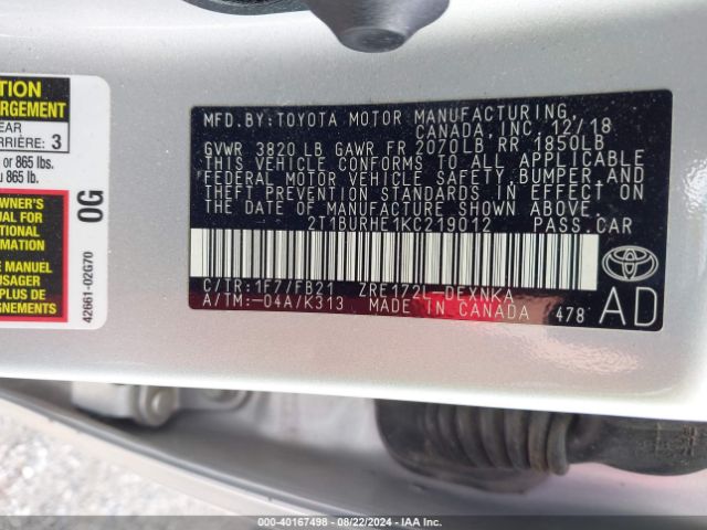 2T1BURHE1KC219012 Toyota COROLLA LE