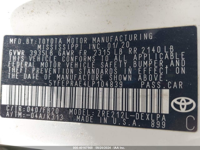 Toyota COROLLA LE 2020 5YFEPRAE4LP104839 Image 9