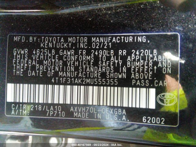 4T1F31AK2MU555355 Toyota Camry Xle Hybrid